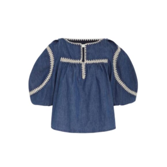 Zimmermann Chintz Denim Smock Top Shirt Blouse Womens 3 Large Blue Split Neck - Picture 1 of 13